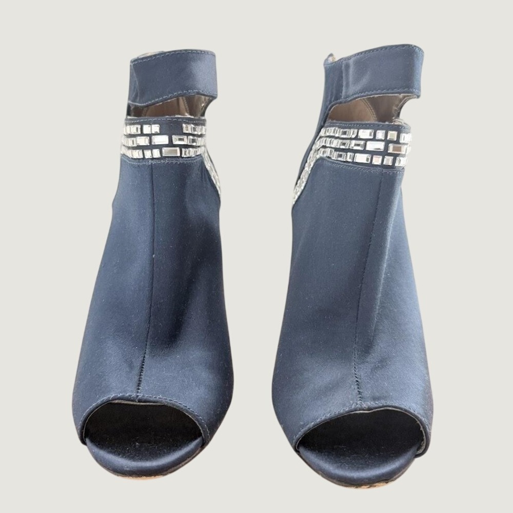 Nine West Navy Blue Satin Crystal Embellished Peep Toe Booties Heels Size 7M - Picture 3 of 12